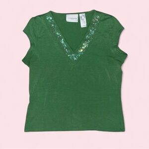 Y2k Fairycore Liz Claiborne Green V-Neck Top with Sequin Detail